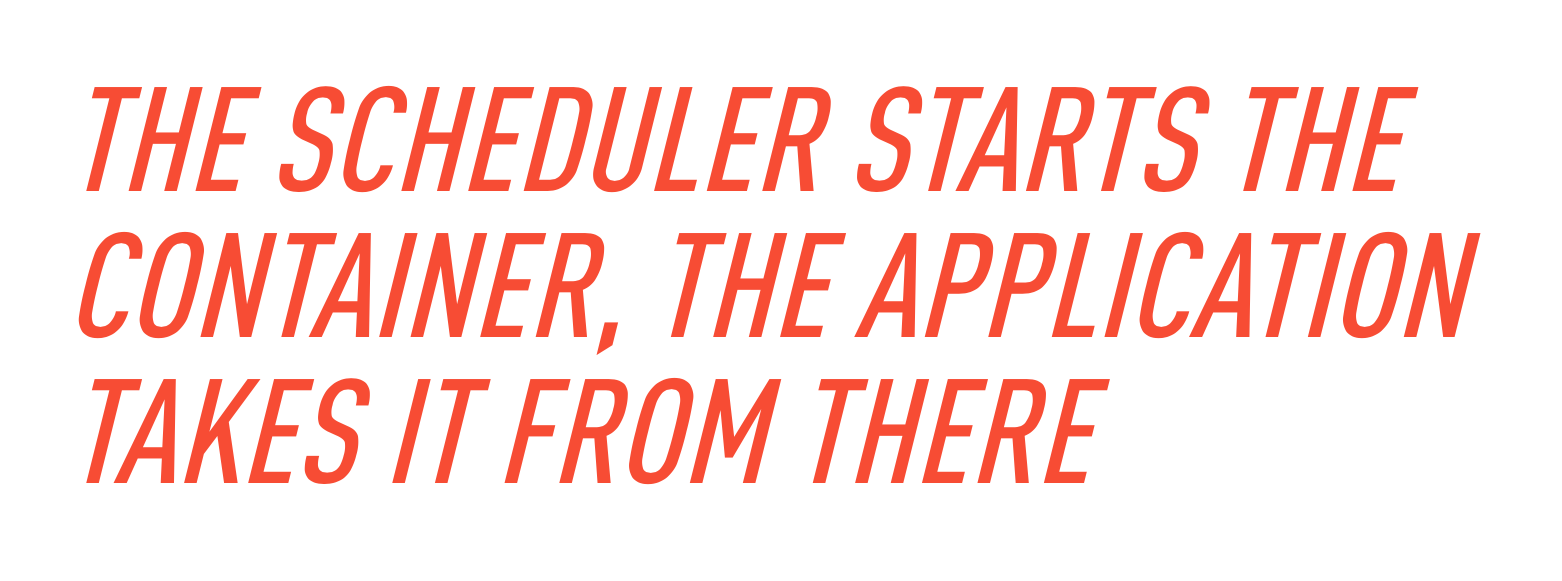 The scheduler starts the container, the application takes it from there