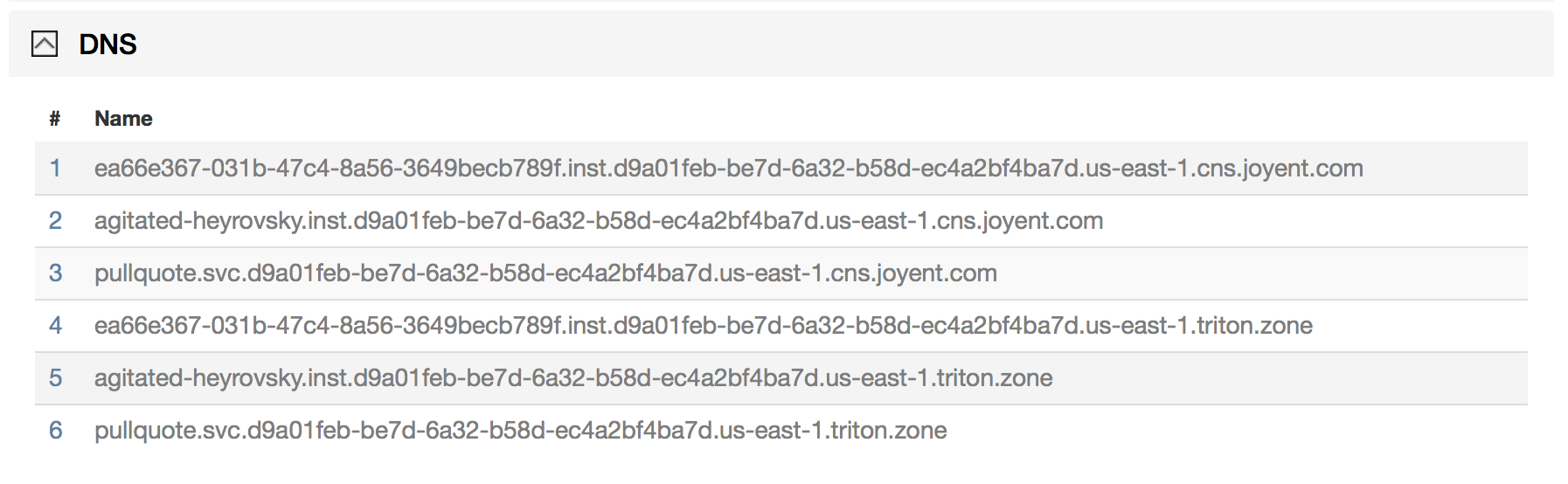 The DNS list on your Joyent Dashboard