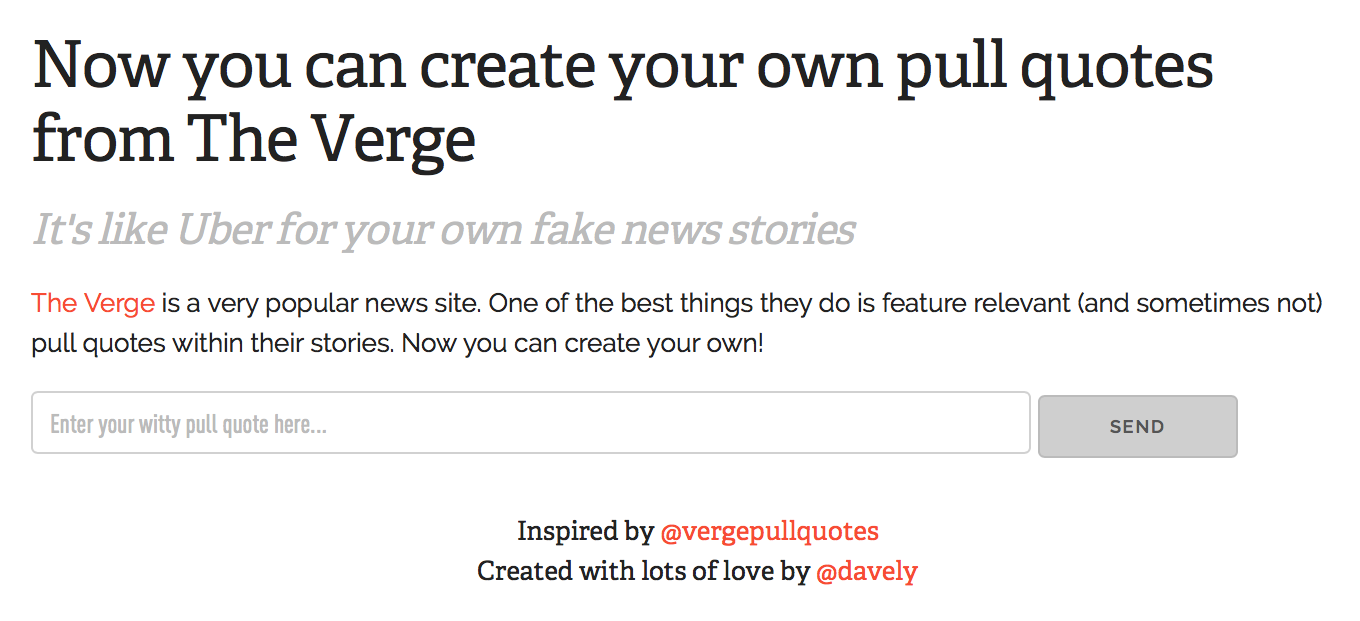 The Verge Pull Quote Generator homepage.